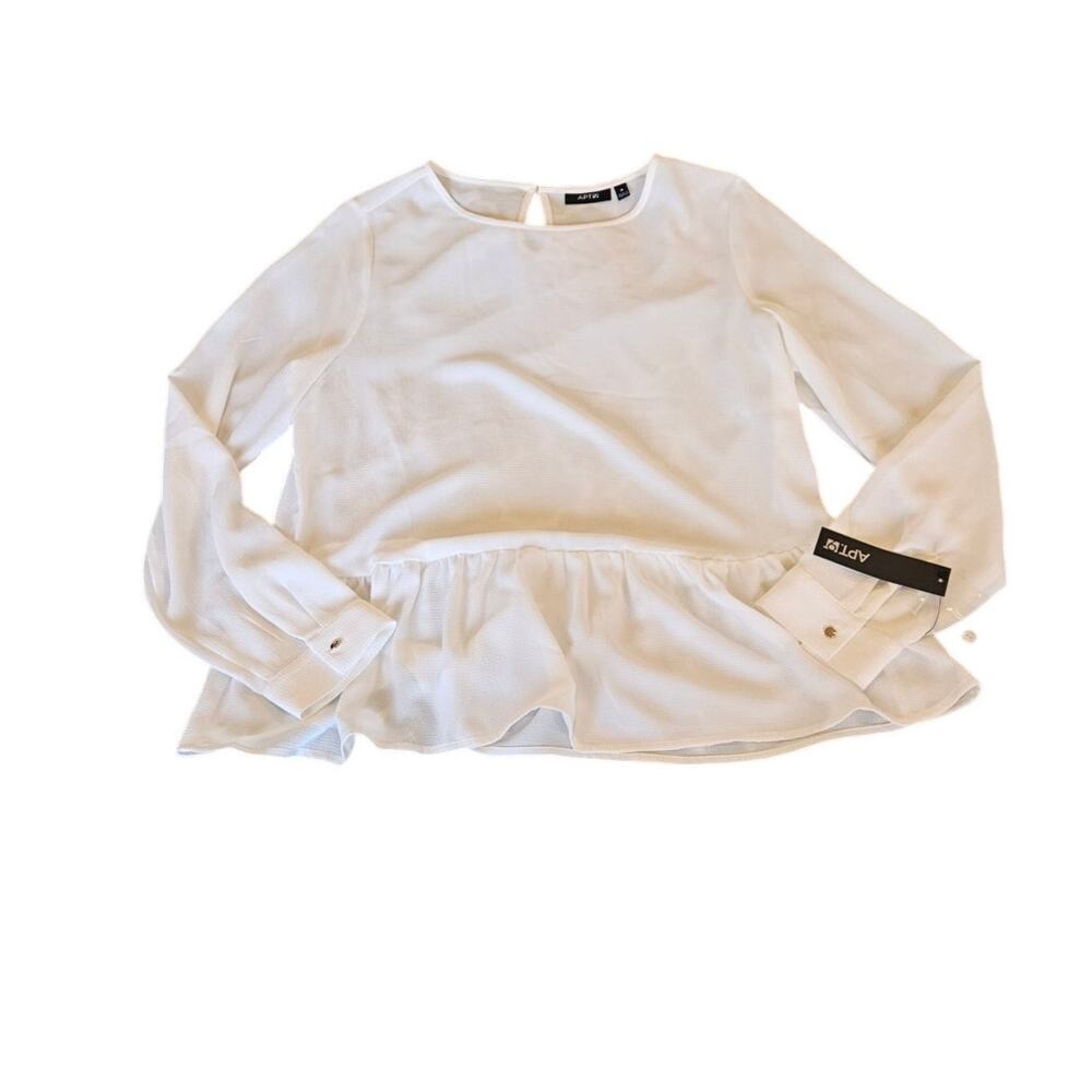 Apt 9 Medium White Semi Sheer Peplum Blouse Long Sleeve Textured Top NWT